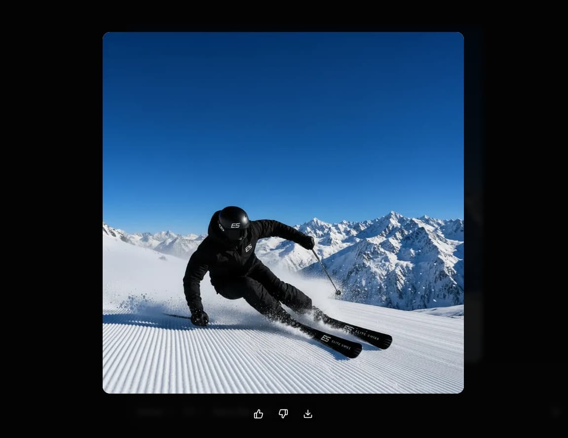 Skifahrer in schwarzer Kleidung carvt auf einer frisch präparierten Piste vor verschneiten Bergen.