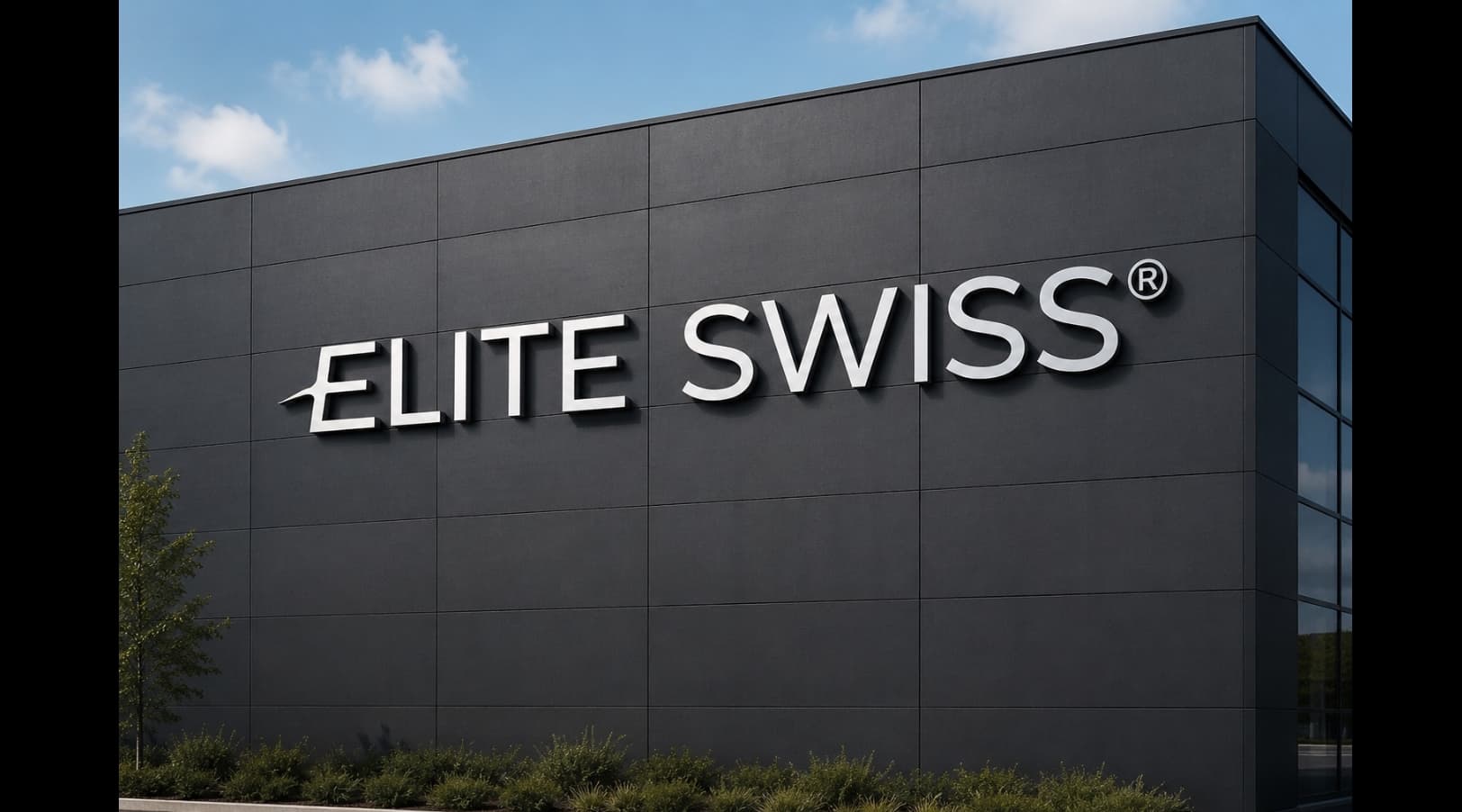 Großer weißer „ELITE SWISS“-Schriftzug an einer modernen, dunkelgrauen Fassade unter blauem Himmel mit Wolken.