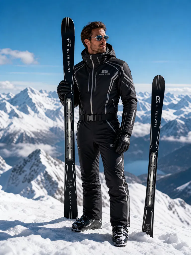 Mann im schwarzen Skianzug mit Elite Swiss Skiern auf einem schneebedeckten Gipfel vor Bergpanorama.