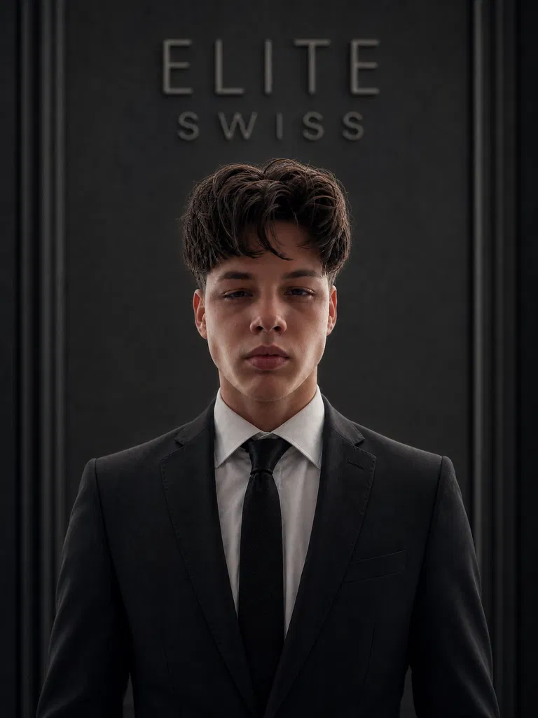 Ein junger Mann in schwarzem Anzug und Krawatte vor dem Schriftzug ELITE SWISS.